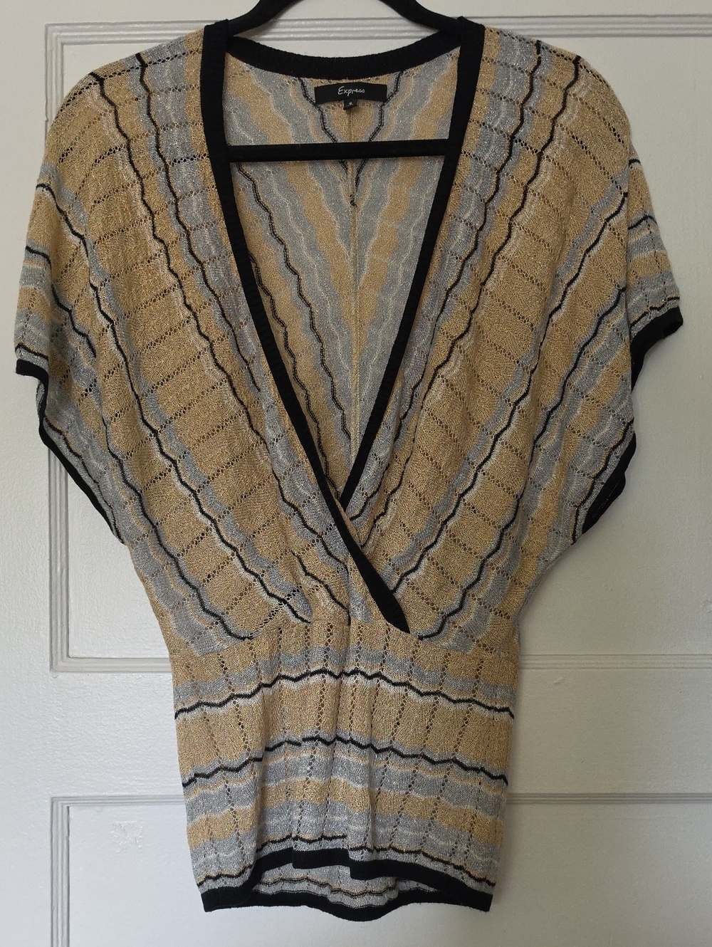 Express Gold, Silver, and Black Striped V-Neck Dolman Sleeve Top